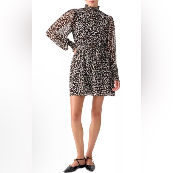 Sanctuary Tie Waist Leopard Ruch High Neck Long Semisheer Sleeves Mini D… - Picture 1 of 11